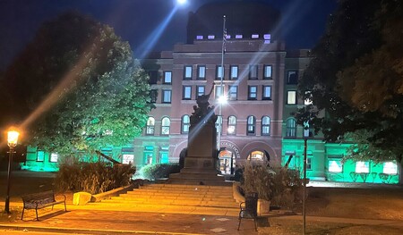 Kane County Courthouse onThird Street in Geneva Illuminated Green for Operation Green Light