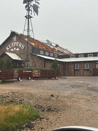 Roof damage at Kuiper's Family Farm in Maple Park - photo from Facebook post 