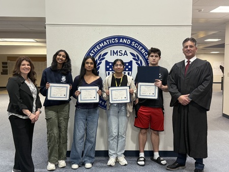 KCBF representative Ann Lob, IMSA Junior Sonya Patel, IMSA Sophomore Sree Chitrapu, IMSA Sophomore Malyada Medikundam, IMSA Sophomore Kieran Grey Edwards, and Chief Judge Robert Villa (Photo provided by Ann Lobb)