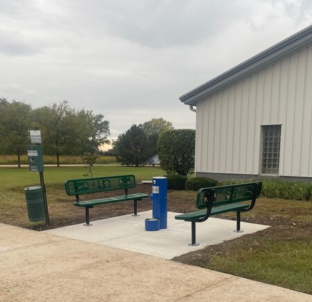 The fountain, located outside the KCAC facility at 4060 Keslinger Road in Geneva near a popular trail connected to Peck Farm