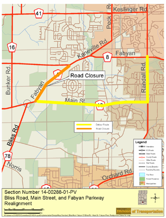 Fabyan Parkway will be closed to through traffic from Hughes Road to Main Street Road beginning the week of June 19, 2023 until July 31, 2023, weather permitting.