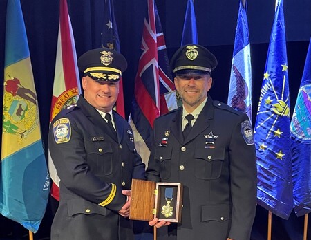 North Aurora Deputy Chief Joe Gorski (left) with Officer Chris Joswick after the award ceremony (credit North Aurora Police Dept. Facebook page) 