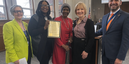 County Board Member Anita Lewis, Dr. Peggy Hicks, Dolores Hicks, County Board Chair Corinne Pierog and County Board Member Alex Arroyo  