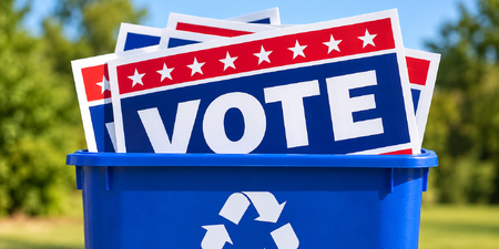 The campaign sign recycling program will run Nov. 4-15, 2026, at three designated drop-off locations