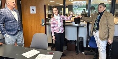 Chief Deputy. Clerk Celeste Weilandt (center) and Elections Dir. Raymond Esquivel (right) conduct public lottery at Clerk’s Office in Geneva. Democrat representative Ed Hanson (left) looks on.