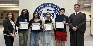 KCBF representative Ann Lob, IMSA Junior Sonya Patel, IMSA Sophomore Sree Chitrapu, IMSA Sophomore Malyada Medikundam, IMSA Sophomore Kieran Grey Edwards, and Chief Judge Robert Villa (Photo provided by Ann Lobb)