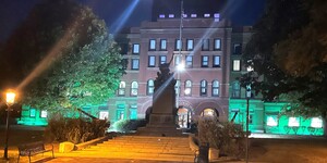 Kane County Courthouse onThird Street in Geneva Illuminated Green for Operation Green Light